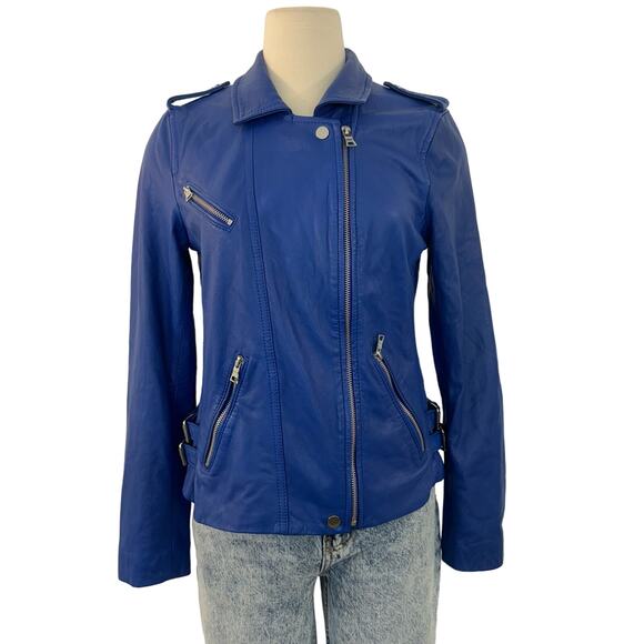 Rebecca Taylor Blue Moto Leather Jacket Full Zip Long Sleeve | Fits like S - Picture 1 of 13